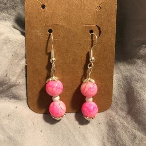 Pink and white marble earrings with white bead in middle